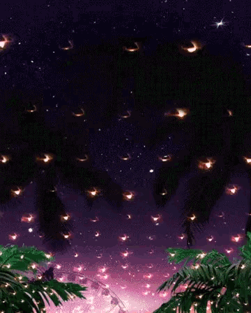 a couple standing in front of a ferris wheel under a starry sky