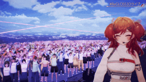 a girl with red hair is smiling in front of a crowd of people with the hashtag #regloss3d