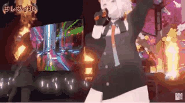 a cartoon character is singing into a microphone in front of a screen that says 3d on it