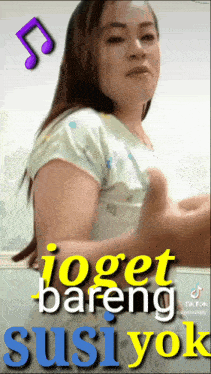 a woman is giving a thumbs up with the words joget bareng susi yok behind her