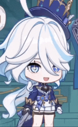 a cartoon character with white hair and blue eyes is wearing a blue hat .