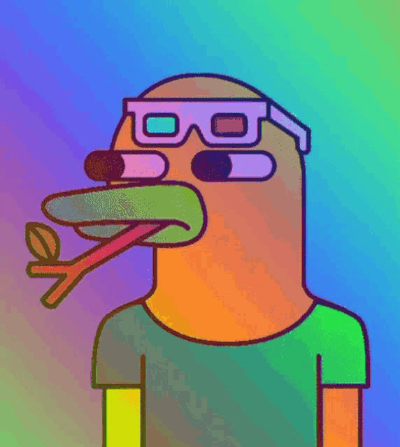 a cartoon duck wearing 3d glasses holds a branch in its mouth