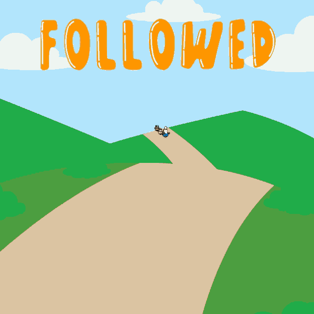 a cartoon of three penguins walking down a road with the word followed behind them