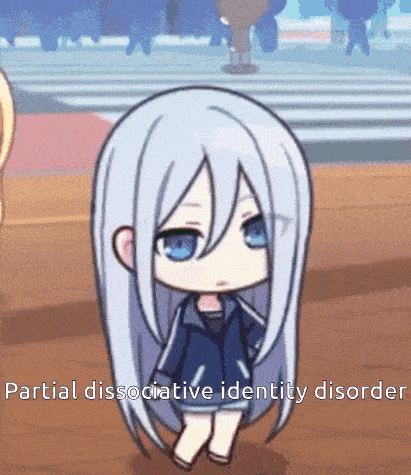 a cartoon character with partial dissociative identity disorder standing on a wooden floor