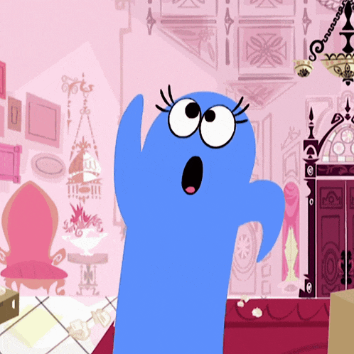 a blue cartoon character stands in front of a pink wall