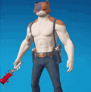 a man with a cat head is holding a red bat