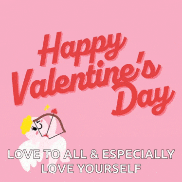 a happy valentine 's day greeting card with hearts and cupid