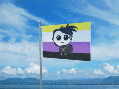 a flag with a cartoon character on it against a blue sky