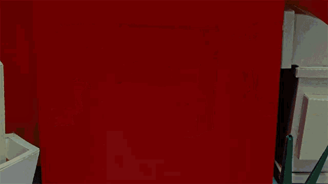 a cartoon drawing of a room with a red wall and a cactus in a white pot