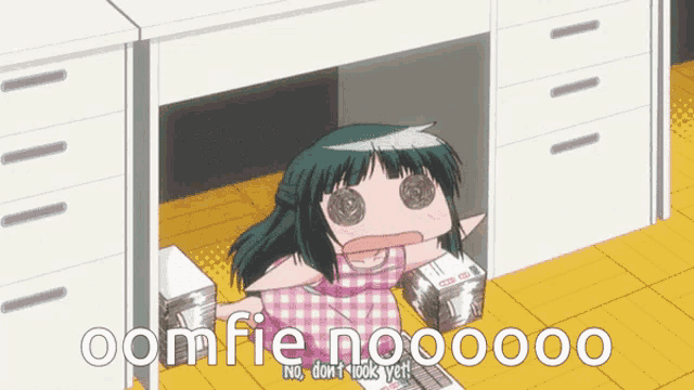 a cartoon of a girl holding a stack of papers with the words " oomfie nooooo " on the bottom