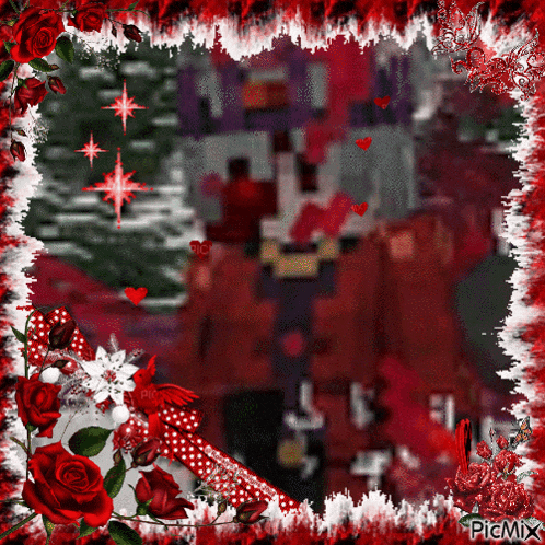 a picture frame with red roses and a picture of santa claus