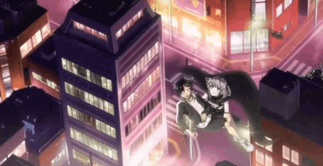 a man and a woman are flying over a city