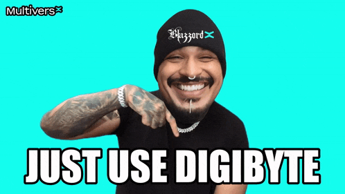 a man wearing a hat that says blizzard is smiling and says just use digibyte