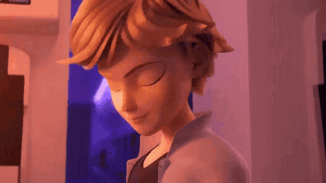 a cartoon character with his eyes closed and a purple background