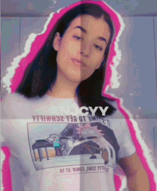 a girl wearing a t-shirt that says icyy on it