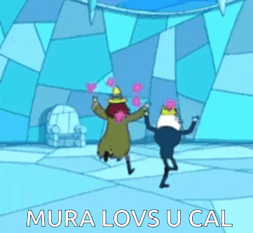 two cartoon characters are dancing with the words mura lovs u cal written below them