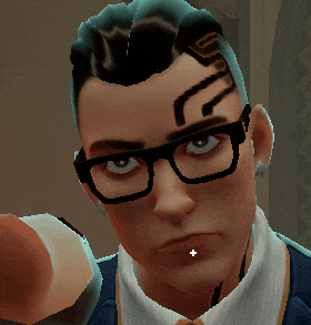 a close up of a man 's face with glasses and a tattoo of the letter g on his head