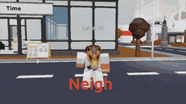 a video game character named neigh is standing on the street