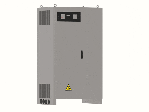 a gray cabinet with a yellow warning sign on the side
