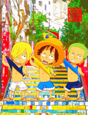 a cartoon drawing of three kids standing on a set of stairs with the word luffy in the corner