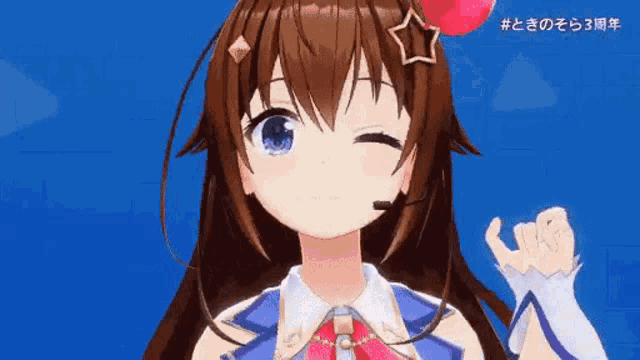 a 3d anime girl with long brown hair and blue eyes is giving a thumbs up .