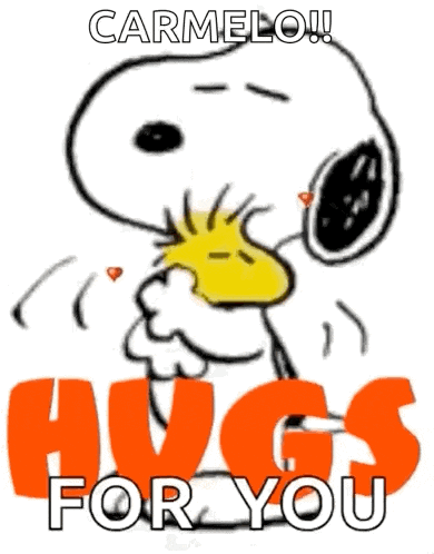 snoopy is hugging woodstock with hearts in his eyes and says `` carmelo hugs for you '' .