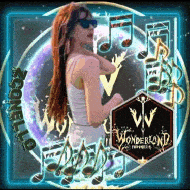 a woman is surrounded by music notes and the word wonderland