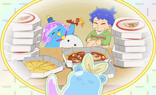 a cartoon of a boy and a girl eating pizza boxes