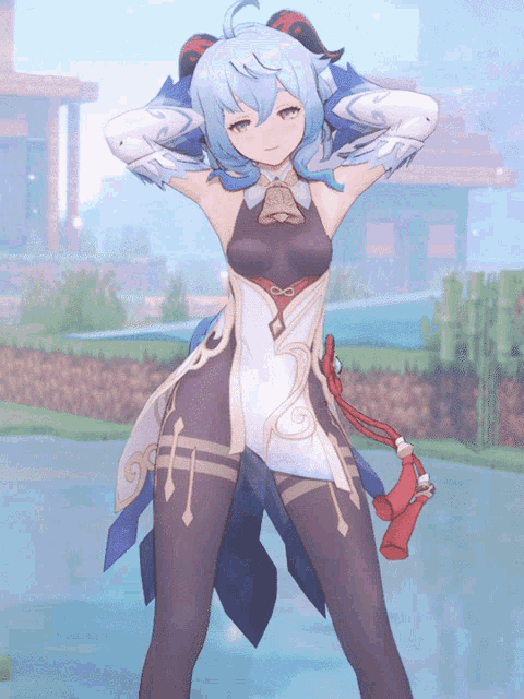 a girl with blue hair and horns stands in front of a body of water