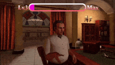 a man in a white shirt is sitting in a room with a lv 3 and max bar