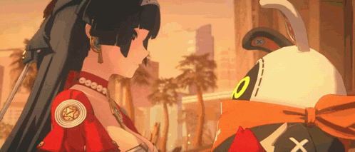a woman in a red dress is standing next to a white rabbit with a green eye