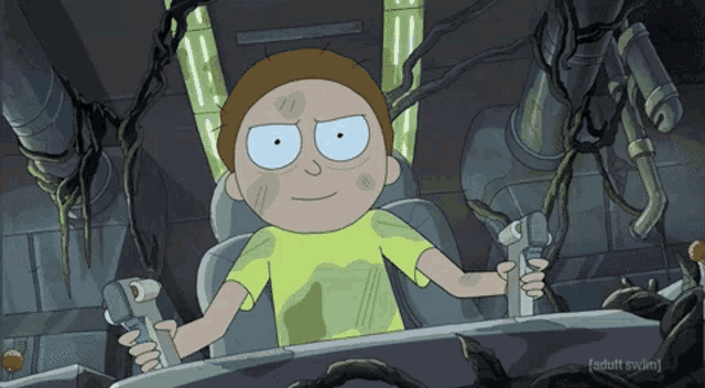 a cartoon character named rick from rick and morty is sitting in a chair