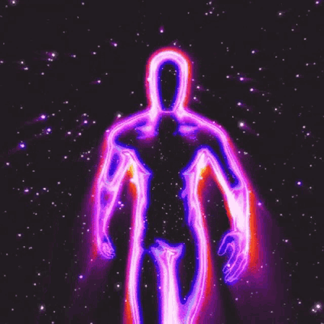 a neon glowing man is walking through the space .
