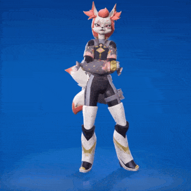 a video game character with a fox tail and a sword on a blue background