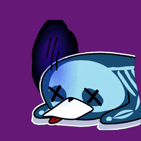 a cartoon drawing of a blue bird with crossed eyes