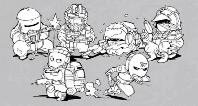 a drawing of a group of soldiers with the letter m on the bottom