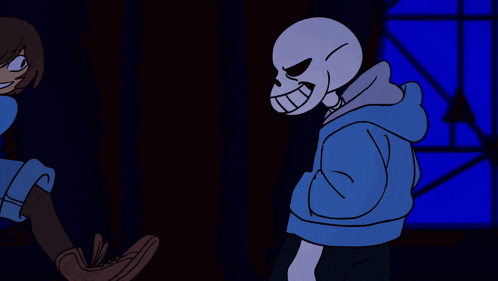 a cartoon of frisk and sans fighting each other in a dark room