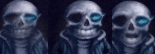 three skulls with blue eyes are standing next to each other in the dark .