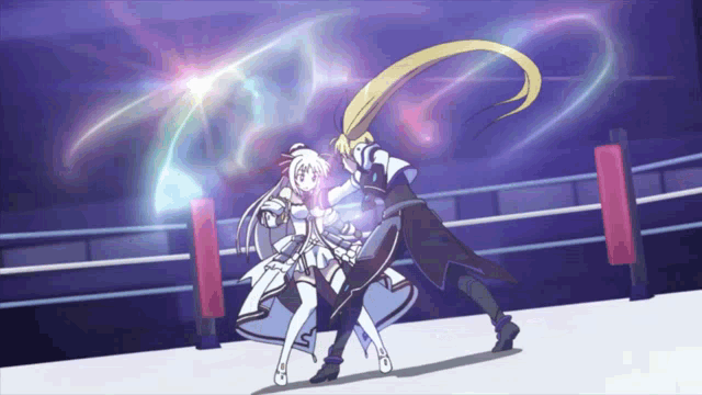 a man and a woman are fighting in a boxing ring with a purple background