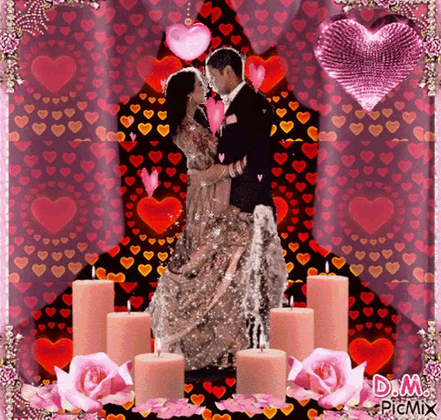 a picture of a man and a woman surrounded by candles and roses