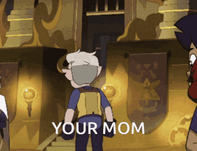 a cartoon of a man standing in front of a building with the words " your mom " below him