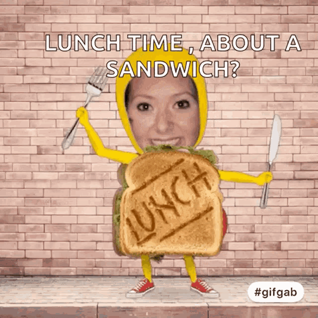 a woman in a yellow costume is holding a fork and knife in front of a lunch sandwich