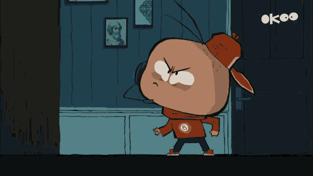 a cartoon character wearing a red hat with the letter b on it