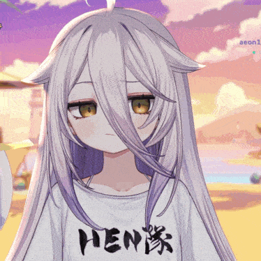 a girl with long white hair is wearing a shirt that says hentai on it
