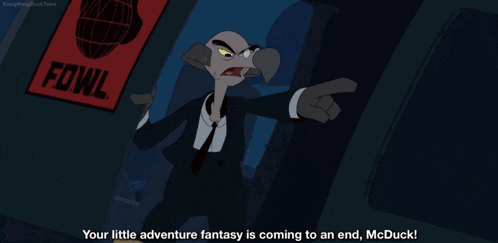 a cartoon character is pointing at a sign that says fowl