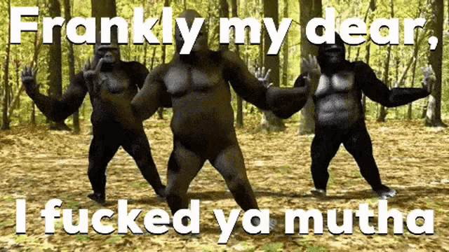 three gorillas are dancing in the woods with the words frankly my dear i fucked ya mutha below them