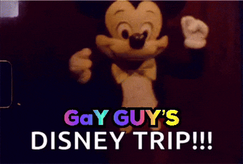 a picture of mickey mouse with the words gay guy 's disney trip on it