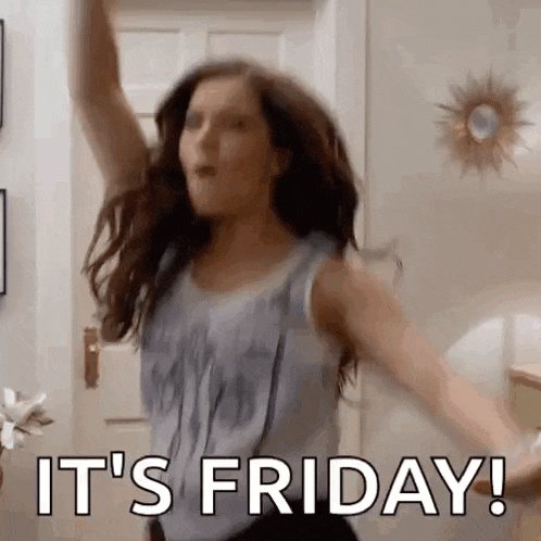 a woman is dancing in a room with her arms in the air and the words `` it 's friday ! ''