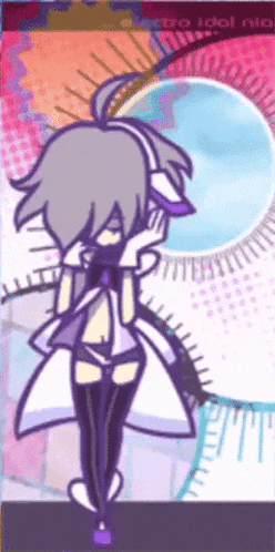 a cartoon of a girl in a purple and white dress with headphones on her head .