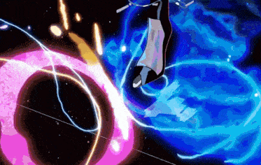 a black hole is surrounded by a purple and blue ring